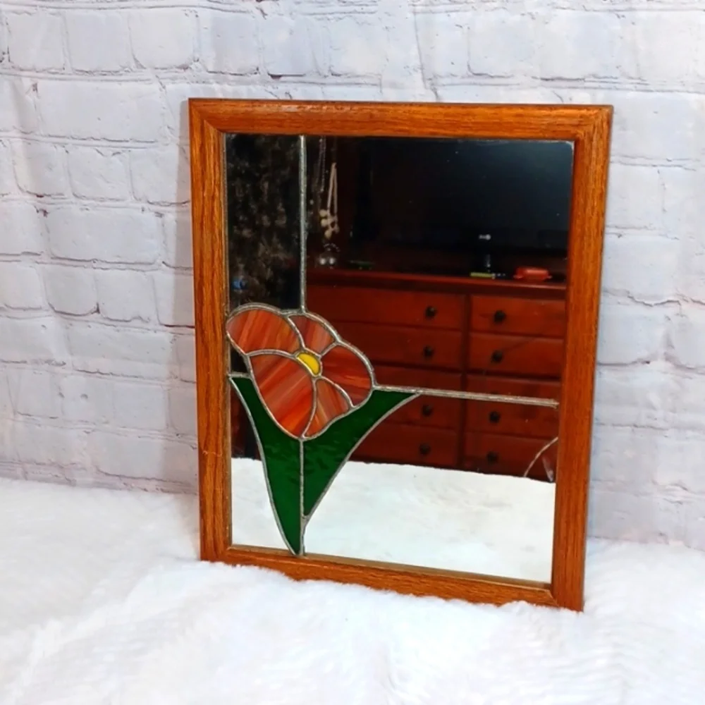 Wooden Vintage Flower Stained Glass Mirror